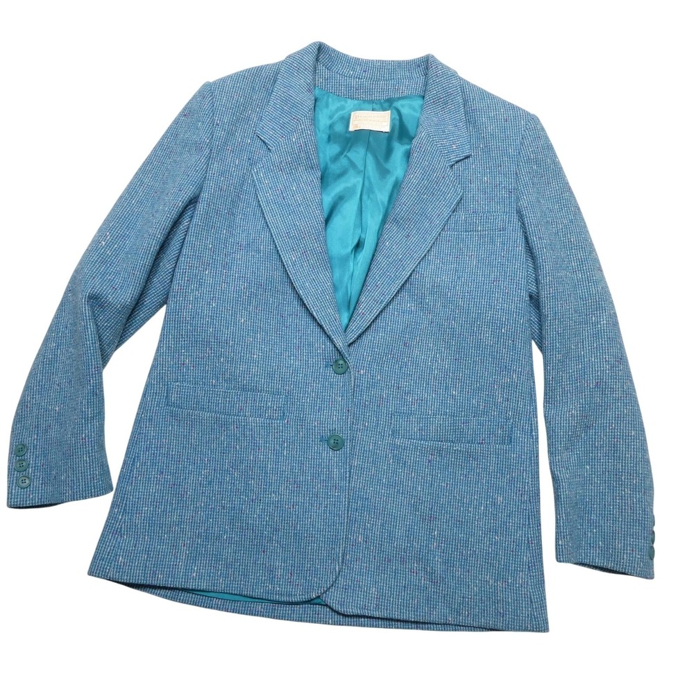 Vintage Pendleton Blazer Womens Medium Blue Wool Tweed Speckled Jacket USA